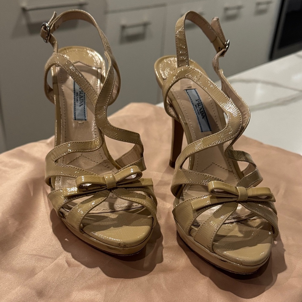 Prada Beige Strappy Heels with Bow